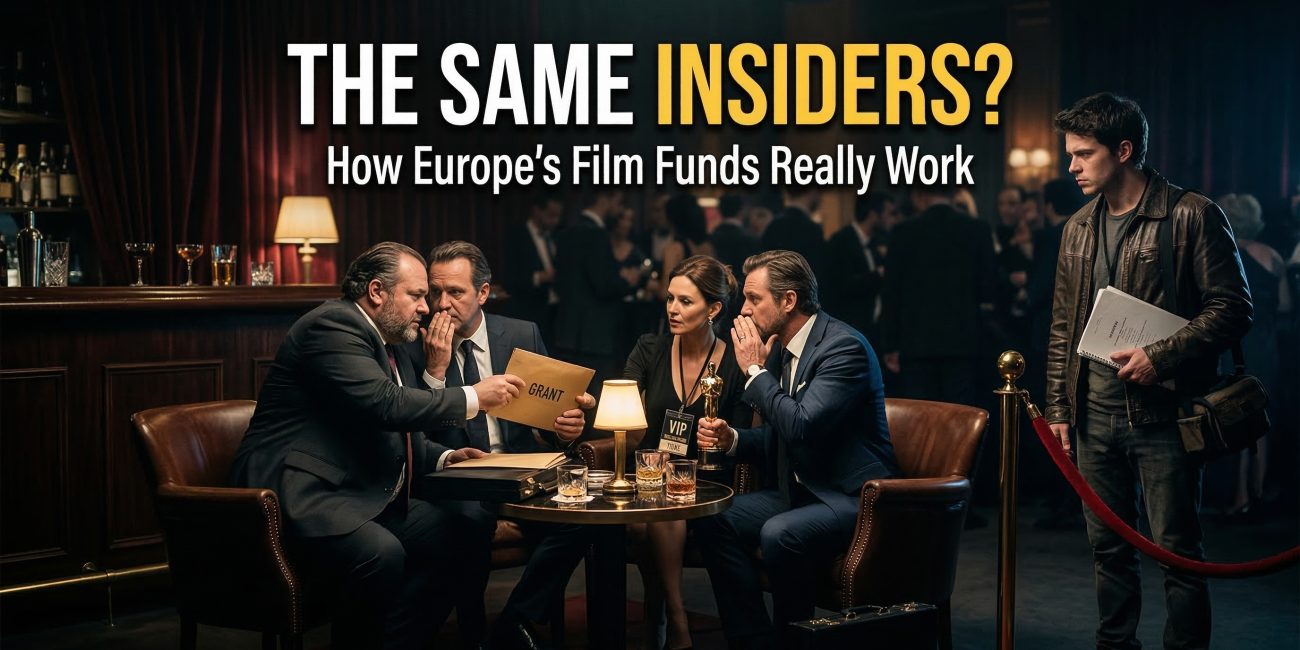 Illustration of insiders discussing film funding grants while an outsider filmmaker stands outside the industry network