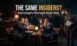 Illustration of insiders discussing film funding grants while an outsider filmmaker stands outside the industry network