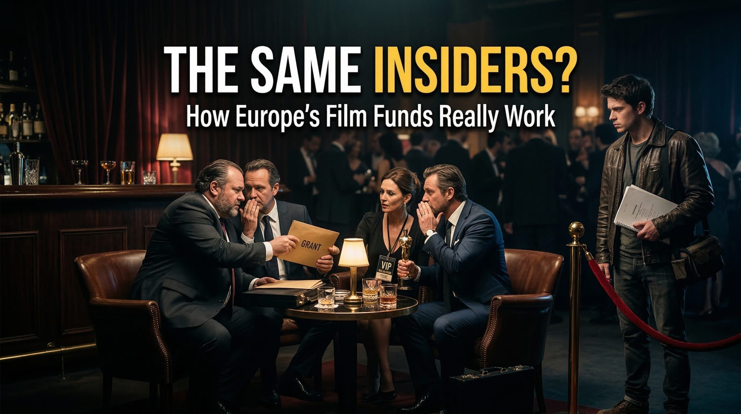 Illustration of insiders discussing film funding grants while an outsider filmmaker stands outside the industry network