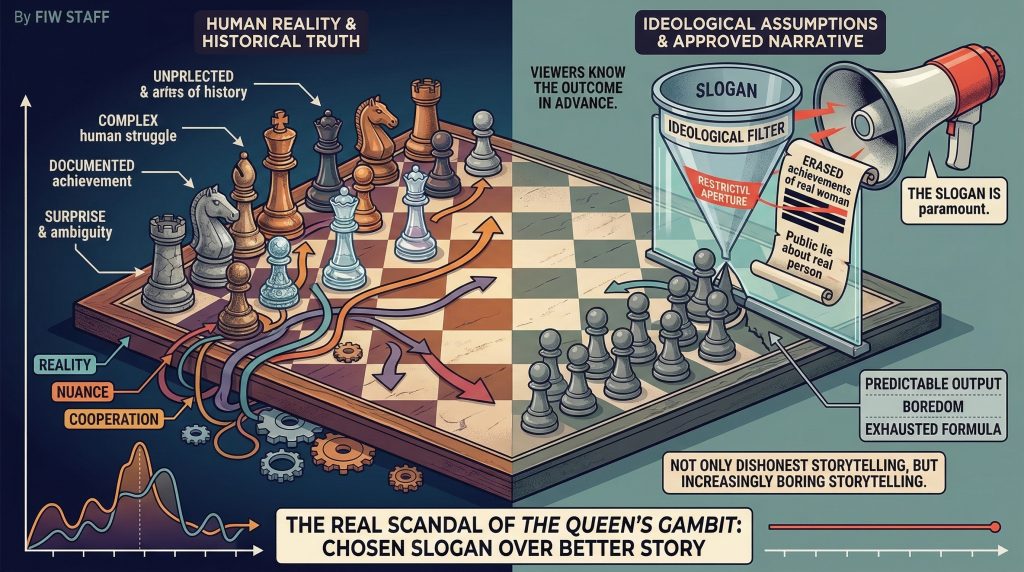 Illustration showing chess metaphor explaining ideology vs historical truth in The Queen’s Gambit storytelling debate