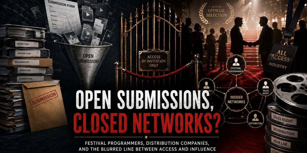 Open Submissions, Closed Networks article thumbnail about film festival programmers, distribution companies, submission access, insider networks, and conflicts of interest in the festival selection process.