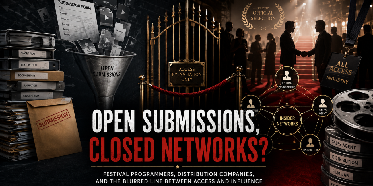 Open Submissions, Closed Networks article thumbnail about film festival programmers, distribution companies, submission access, insider networks, and conflicts of interest in the festival selection process.