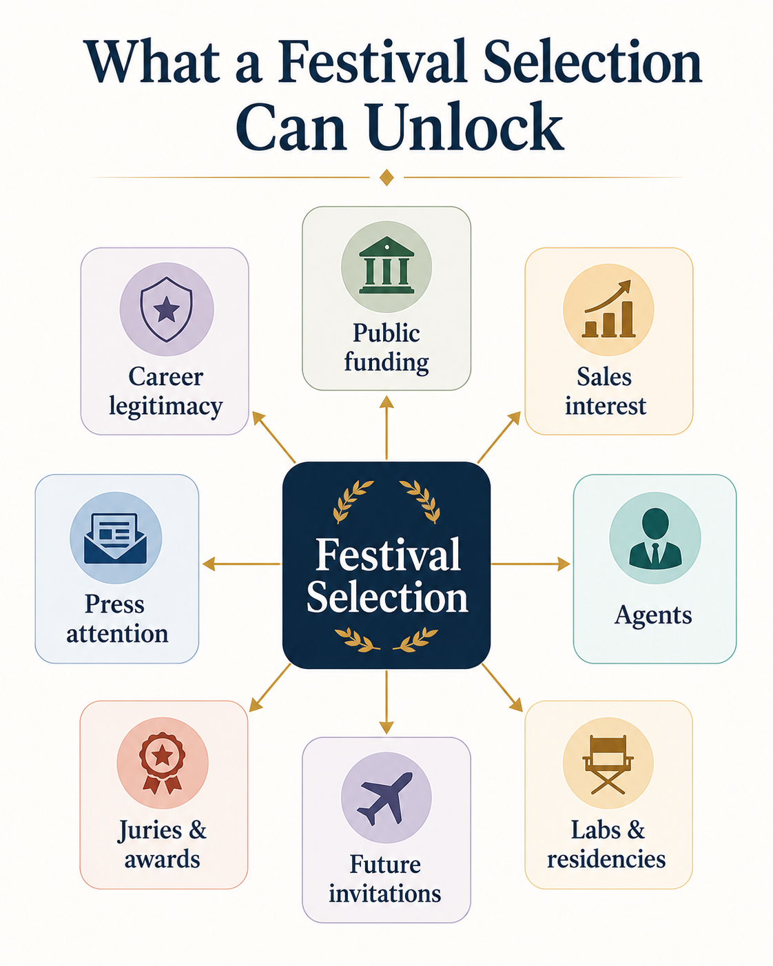 Infographic showing what a film festival selection can unlock for filmmakers, including public funding, sales interest, press attention, agents, labs, awards, future invitations, and career legitimacy.
